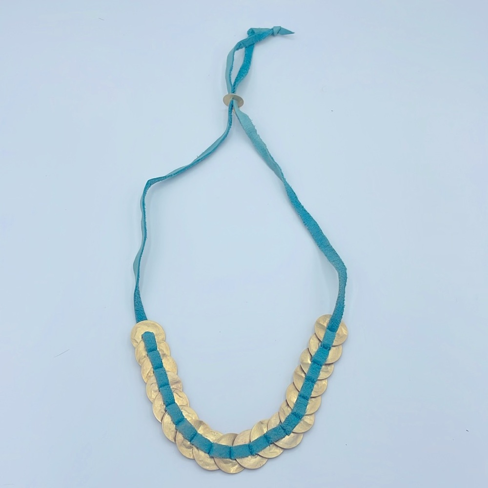 Hagar Satat Teal Leather and Gold Tone Coin Necklace - Picture 6 of 6